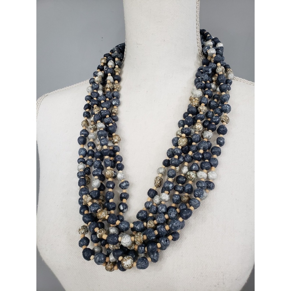 Vintage Multi Strand Beaded Necklace Blue Silver Gold Speckled Boho Natural Look